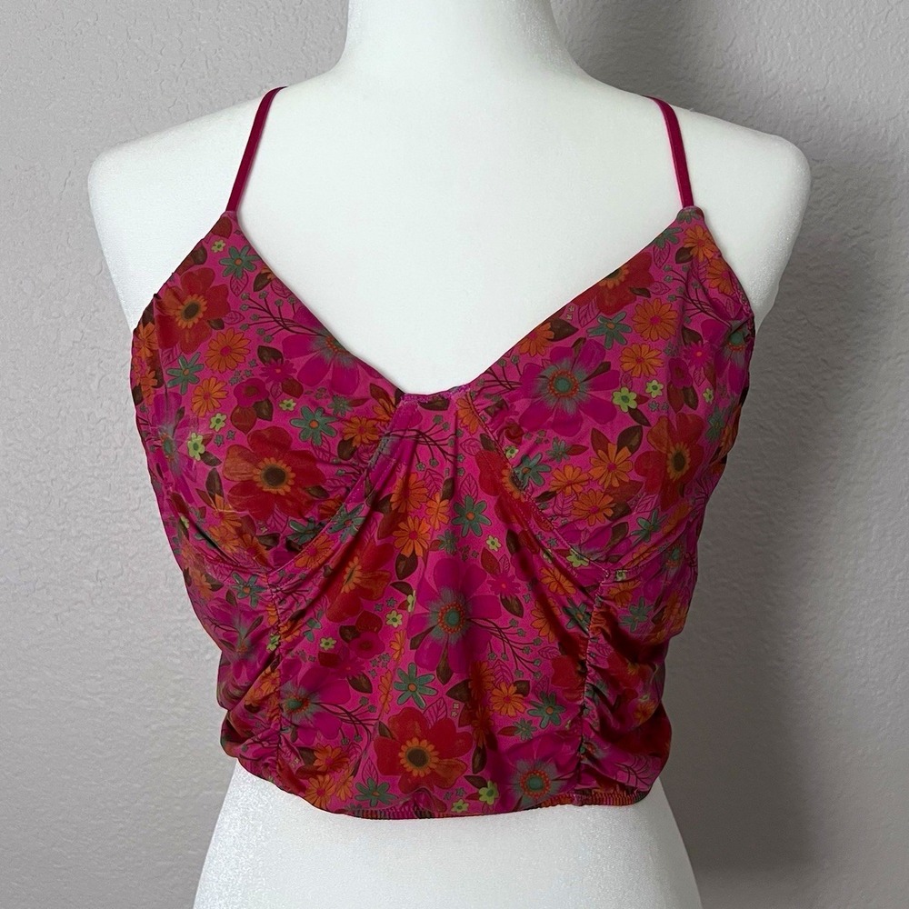 Natural Life Deep V-Neck Cami Fuchsia Pink Retro Floral Ruched Bralette Brami L